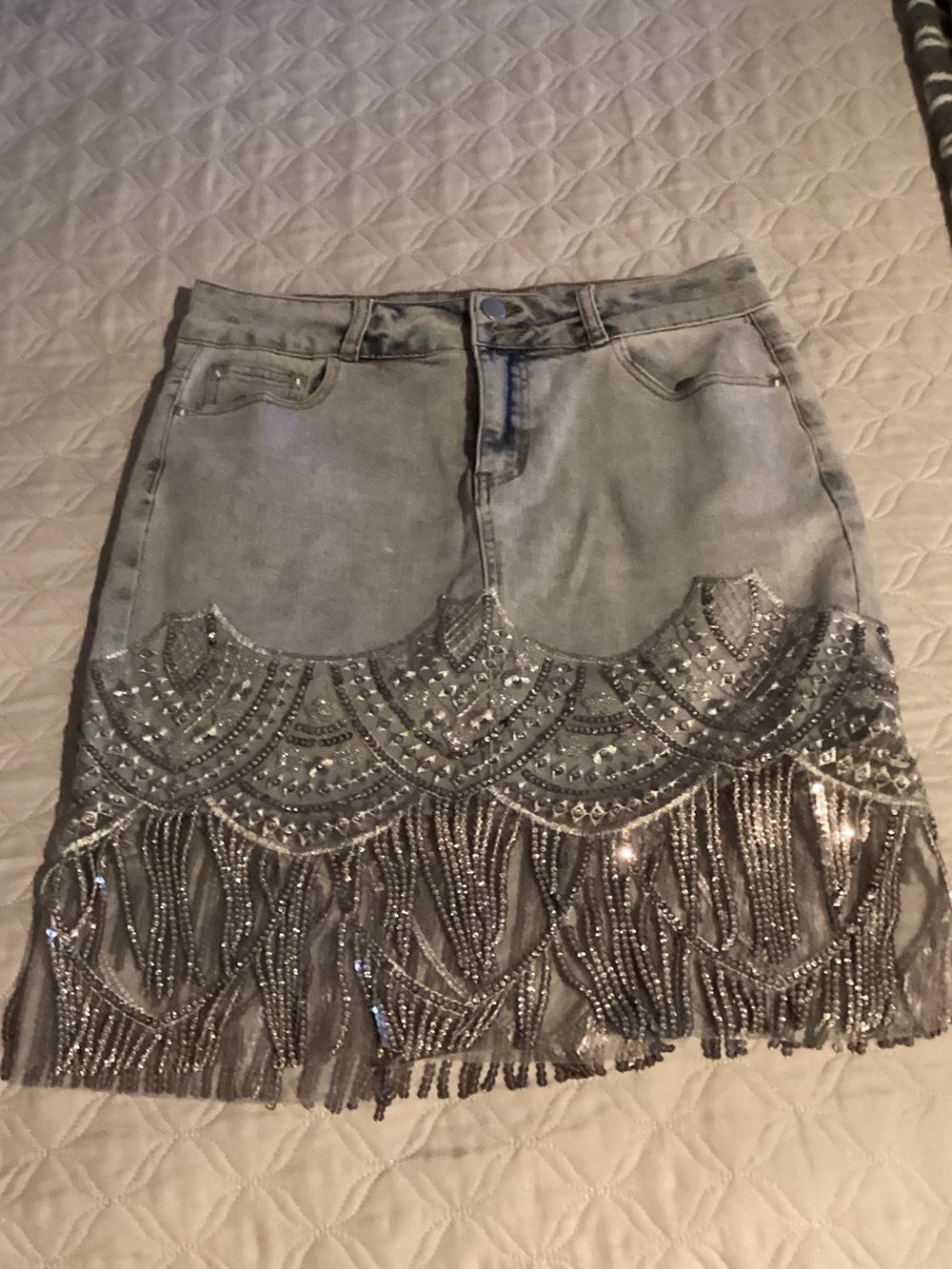 Silver Beaded Fringe Denim Skirt - Women's Silver Skirt